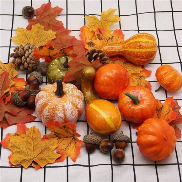 50-Piece Fall Pumpkins Decor Set: Mini Artificial Gourds, Leaves & Acorns - Picture 5 of 7